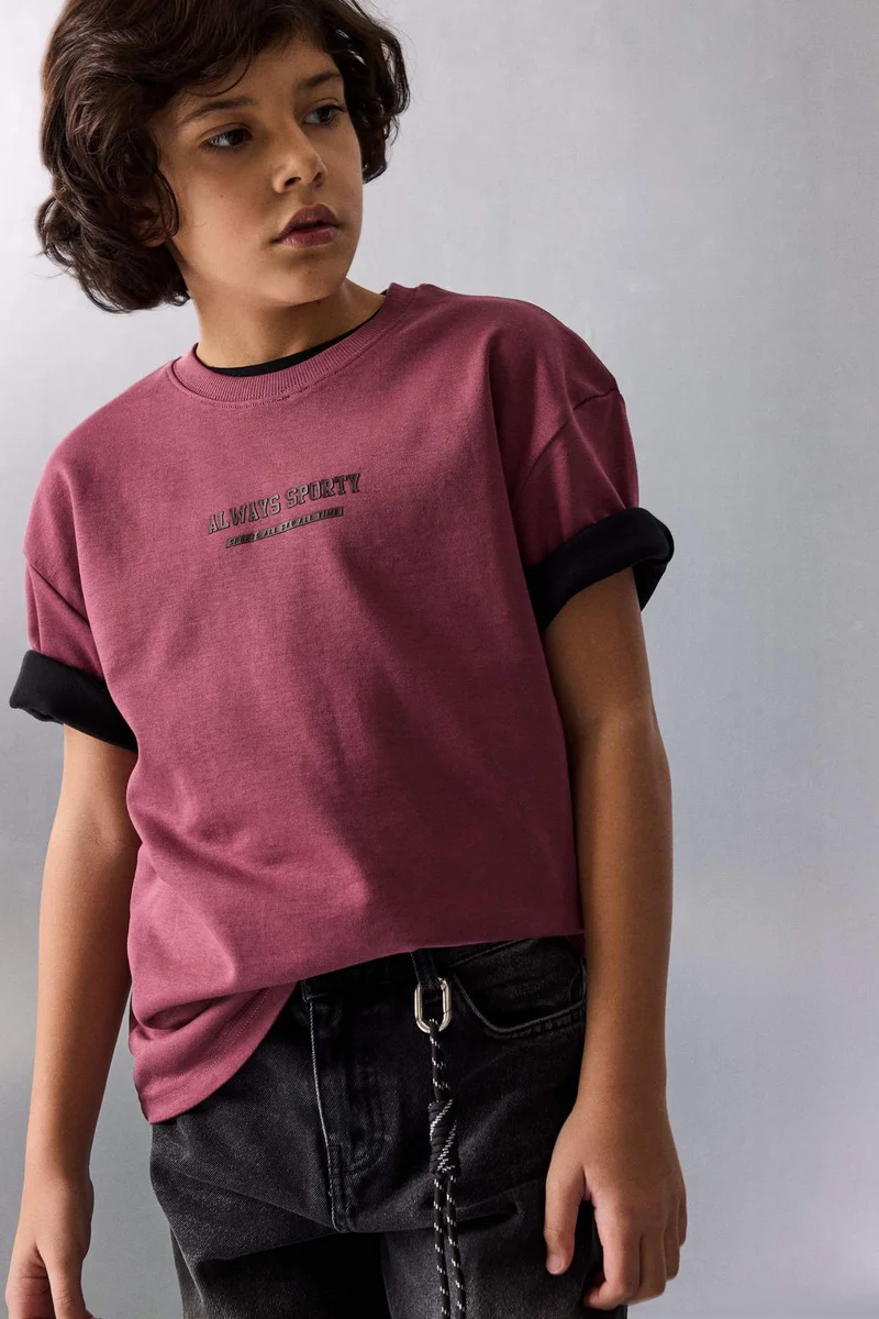 ديفاكتو Boy Oversize Fit Crew Neck Slogan Print T-Shirt