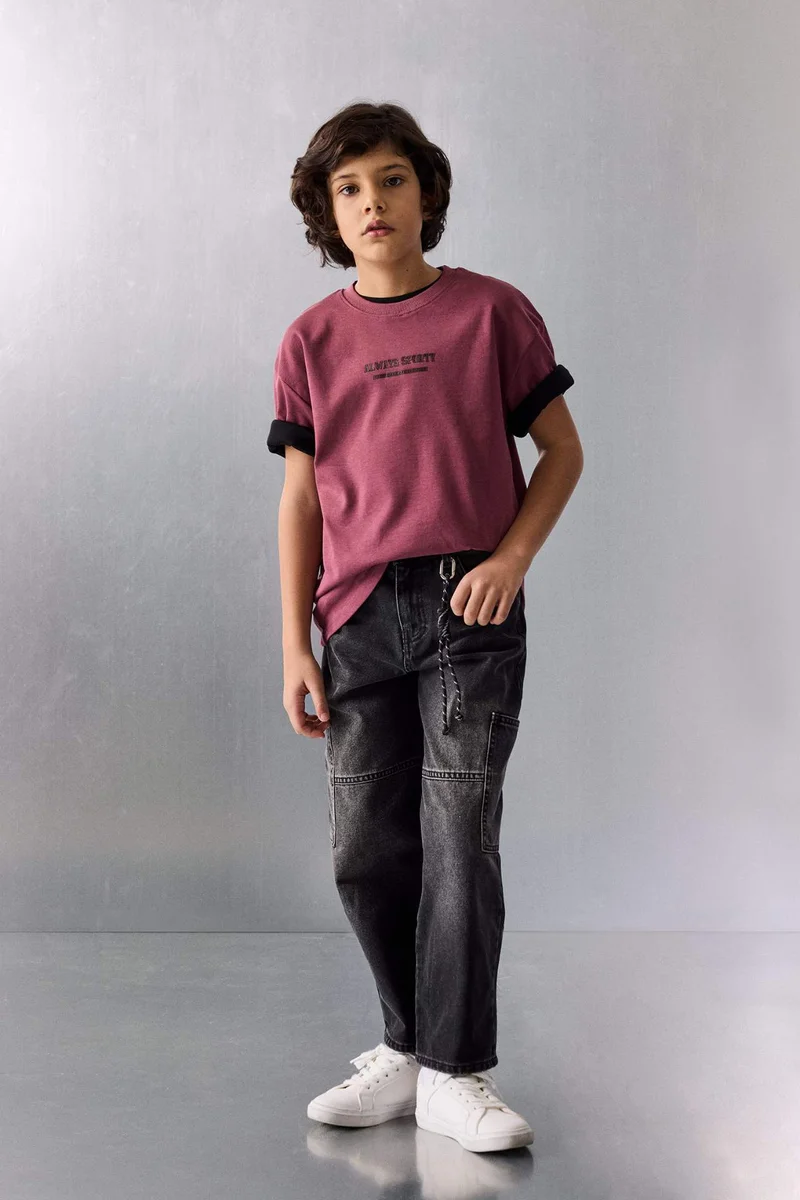 ديفاكتو Boy Oversize Fit Crew Neck Slogan Print T-Shirt