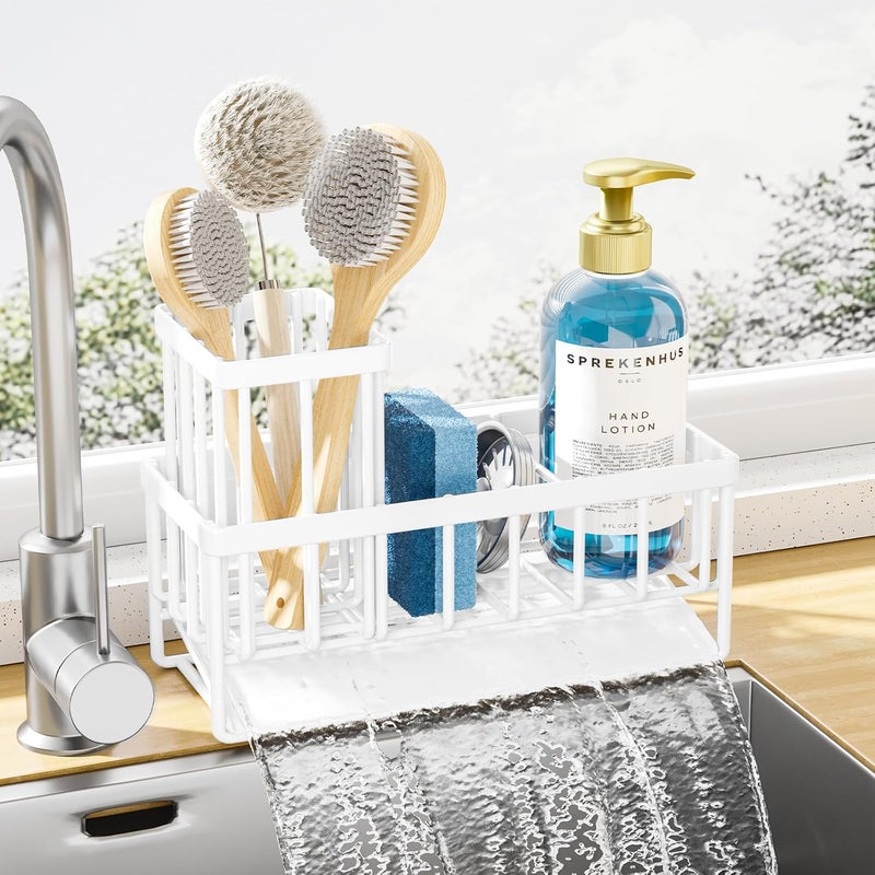 Sponge Holder for Kitchen Sink - Stainless Steel Sink Caddy, Kitchen Sink Organizer with Brush Holder, Multi-Functional Sponge Holder for Kitchen, 7.9" x 3.7" x 6.2", White