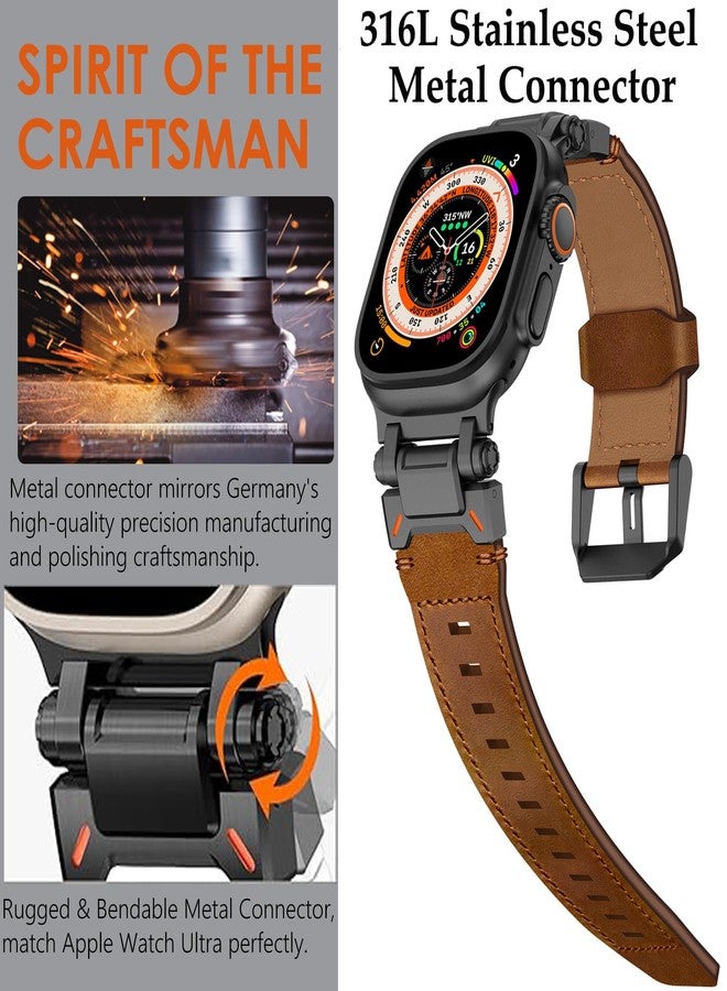 WINGLE Leather Bands for Apple Watch Band Ultra 2 Band Ultra 49mm 46mm 45mm 44mm 42mm for Men Series 10 9 8 7 SE 6 5 4 3 2 1, Genuine Leather Rugged Metal Connector Apple iWatch Sport Bands - Image 4