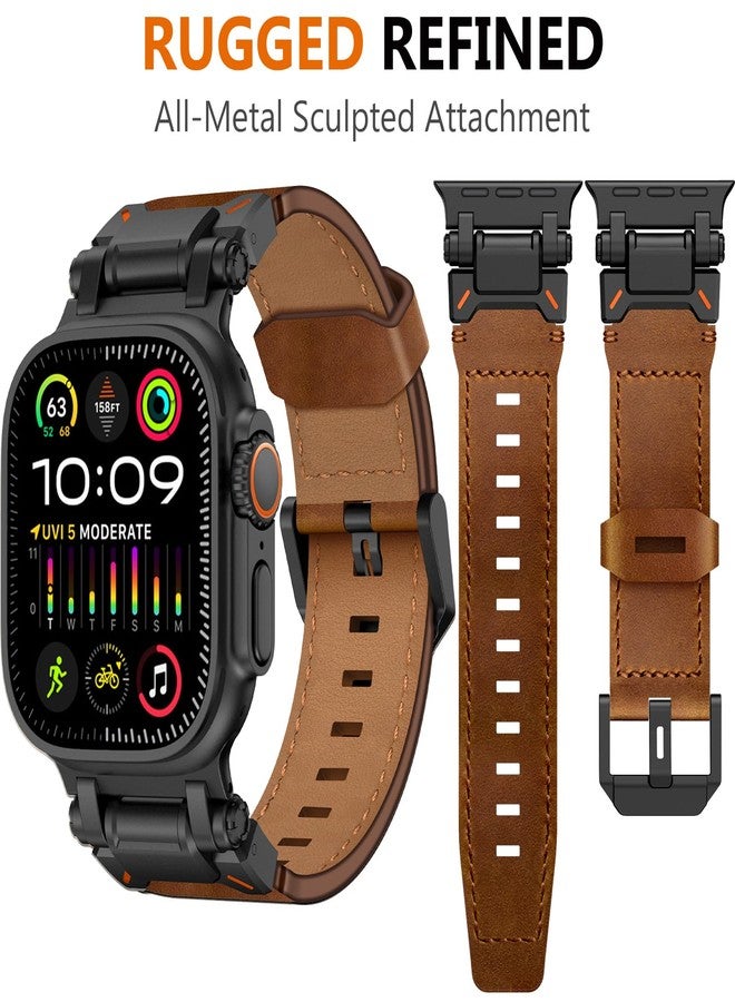 WINGLE Leather Bands for Apple Watch Band Ultra 2 Band Ultra 49mm 46mm 45mm 44mm 42mm for Men Series 10 9 8 7 SE 6 5 4 3 2 1, Genuine Leather Rugged Metal Connector Apple iWatch Sport Bands - Image 2