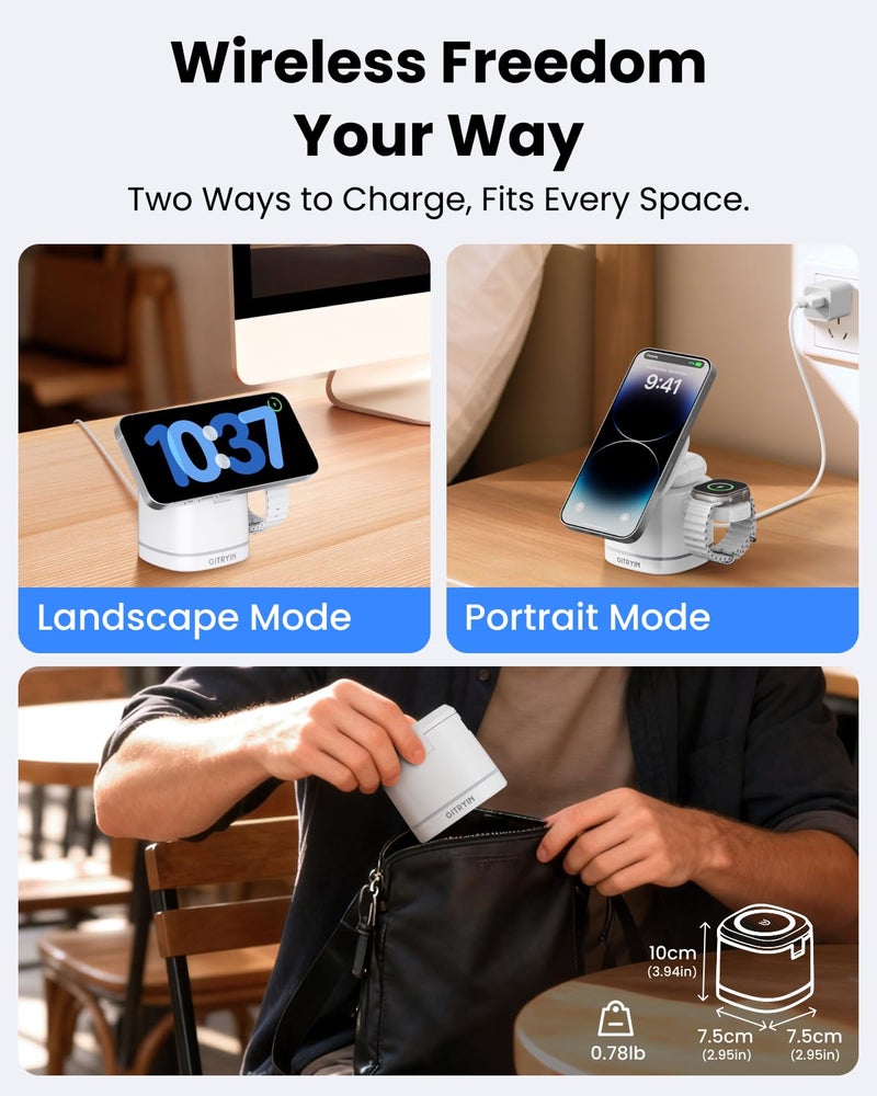 Gitryin Magnetic Wireless Charger Stand for Apple Devices, 3 in 1 Travel Charging Station, 15W Foldable Charging Dock for iPhone 17/16/15/14/13/12, Apple Watch Ultra, AirPods 4 3 Pro - Image 5