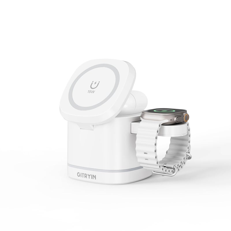 Gitryin Magnetic Wireless Charger Stand for Apple Devices, 3 in 1 Travel Charging Station, 15W Foldable Charging Dock for iPhone 17/16/15/14/13/12, Apple Watch Ultra, AirPods 4 3 Pro - Image 1