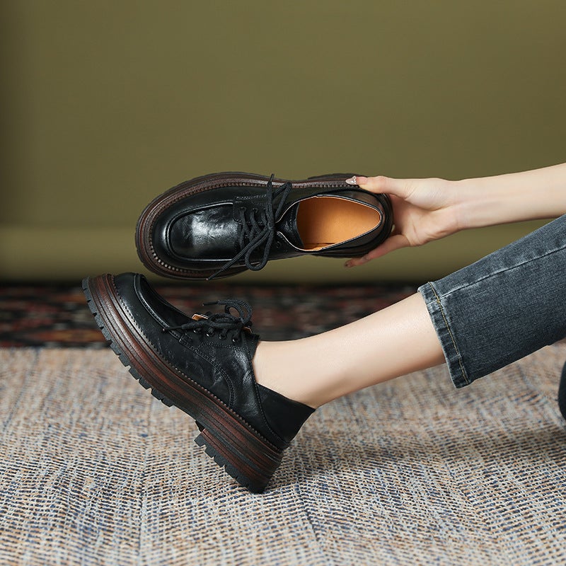 Women'S Thick-Soled Leather Shoes British Style 2024 Spring And Single-Layer Shoes Round Toe Chunky Heel Sweet Cool Girl Lace-Up Loafers - Image 3