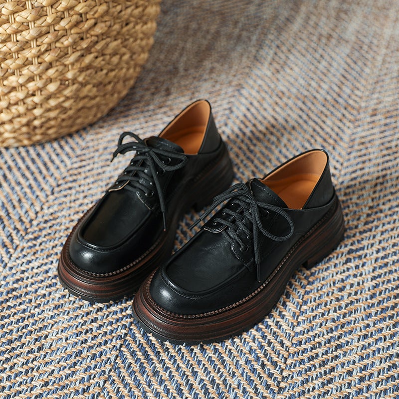 Women'S Thick-Soled Leather Shoes British Style 2024 Spring And Single-Layer Shoes Round Toe Chunky Heel Sweet Cool Girl Lace-Up Loafers - Image 1
