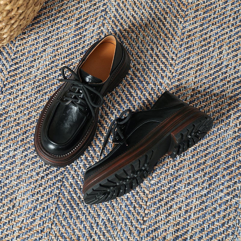 Women'S Thick-Soled Leather Shoes British Style 2024 Spring And Single-Layer Shoes Round Toe Chunky Heel Sweet Cool Girl Lace-Up Loafers - Image 5