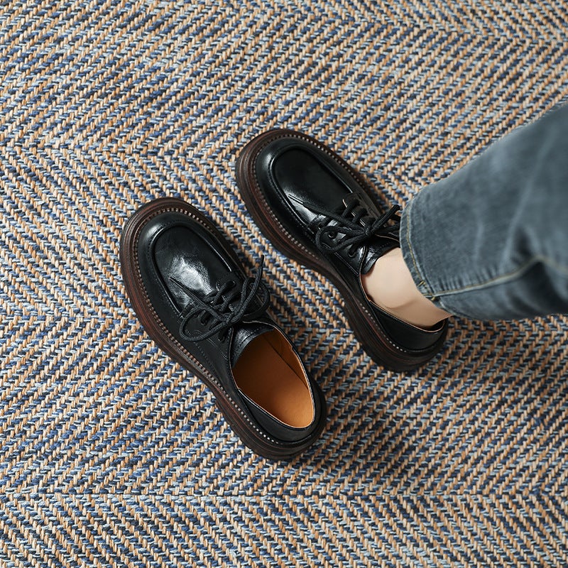 Women'S Thick-Soled Leather Shoes British Style 2024 Spring And Single-Layer Shoes Round Toe Chunky Heel Sweet Cool Girl Lace-Up Loafers - Image 4