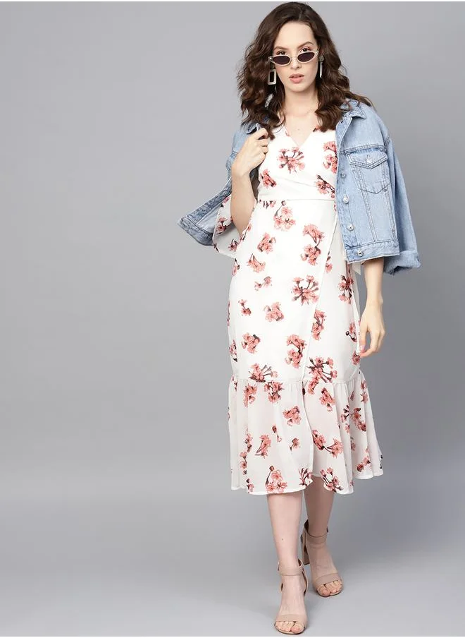 SASSAFRAS Floral Print A-Line Wrap Midi Dress by Styli
