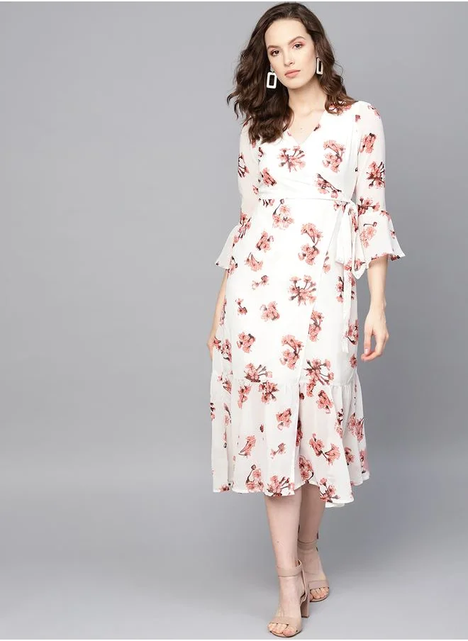 ساسافراس Floral Print A-Line Wrap Midi Dress by Styli