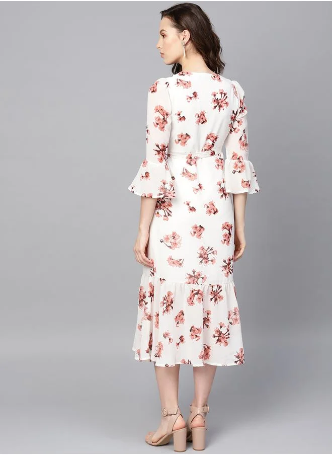 SASSAFRAS Floral Print A-Line Wrap Midi Dress by Styli