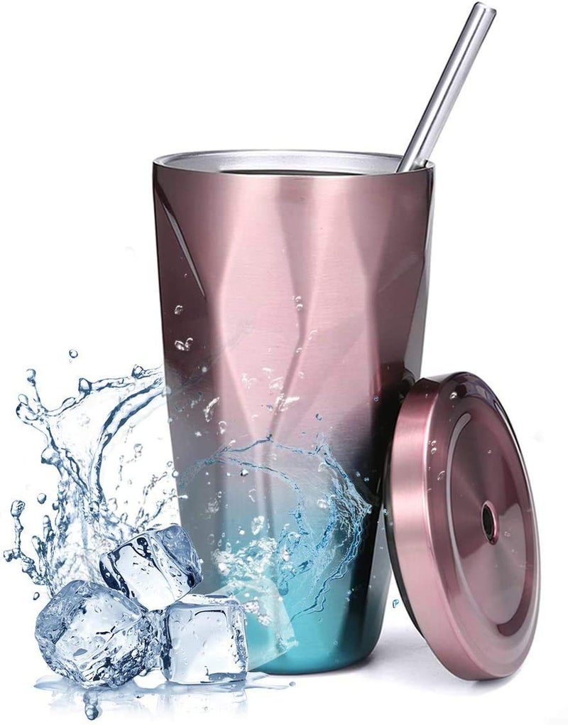 Not Available Diamond Shape Double Wall Vacuum Stainless Steel Tumbler with Straw - Coffee Mug with Straw/Water Mug/Gifting for Birthday/Christmas/New Year/Thanksgiving (500 ML, Champagne Gold) - Image 1