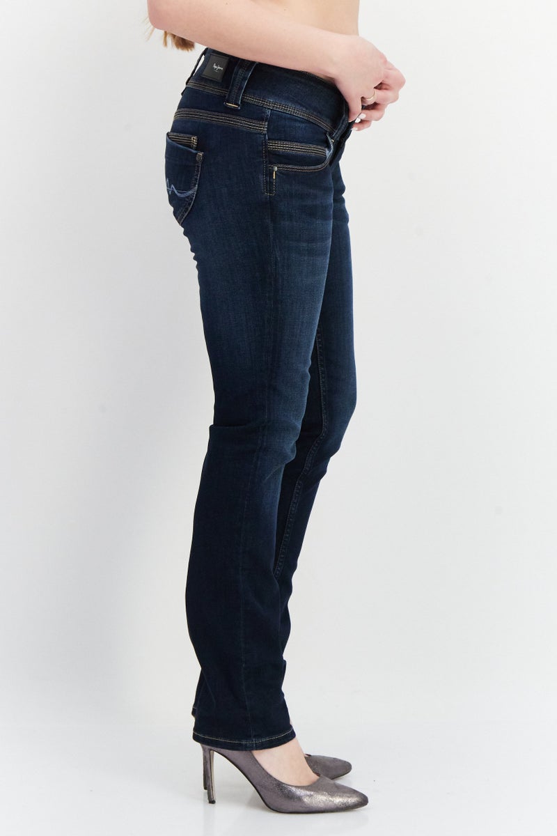 Pepe Jeans Women Straight Fit Solid Stretchable Low Waist Denim Jeans, Navy - Image 2