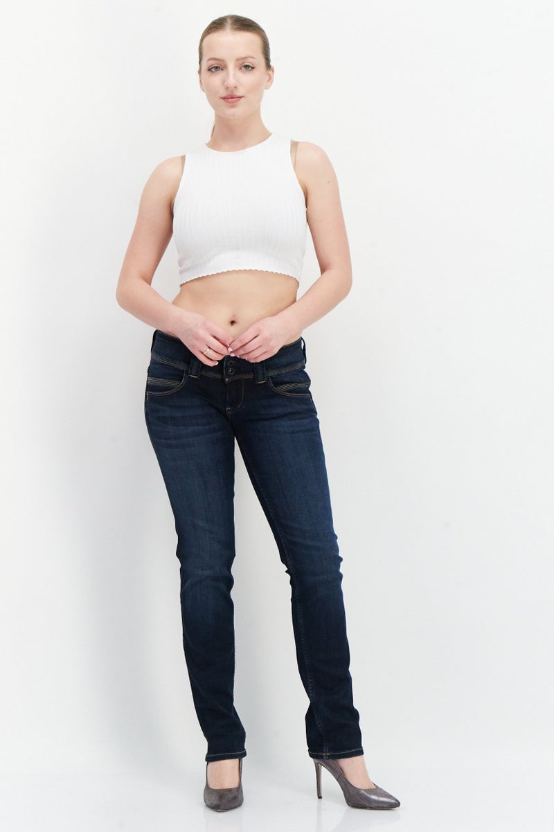 Pepe Jeans Women Straight Fit Solid Stretchable Low Waist Denim Jeans, Navy - Image 2