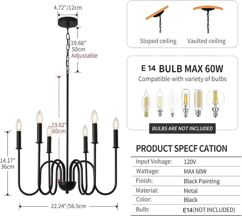 WOKE Chandelier Light for Ceiling | 6 Light Modern Hanging Lamp, Jhoomar for Living & Dining Room (Black Metal, E14 Holder, Adjustable Chain) (Bulb not Included) - Image 4