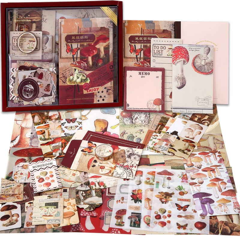 emmoolife Scrapbooking Supplies Kit Vintage Mushroom Aesthetic Scrapbook Kit for Bullet Junk Journal Stationery A6 Grid Notebook DIY Journaling Supplies Birthday Craft Gift for Teen Girl Women