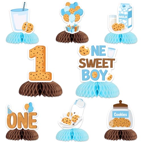 Balterever 8pcs Milk and Cookies 1st Birthday Honeycomb Centerpieces Decorations White Brown Cartoon Milk and Cookies Pattern 1 Count Cardstock Party Decorations for Boys 1st Birthday - Image 1