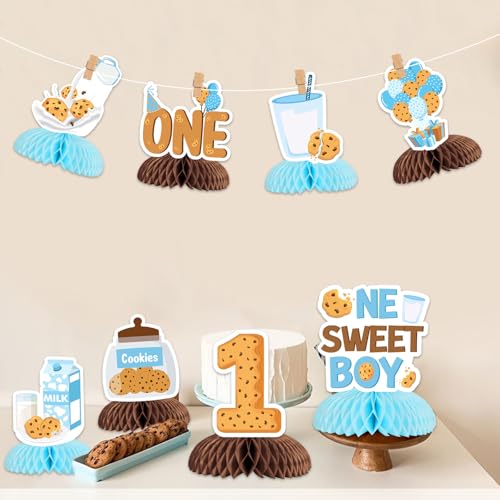 Balterever 8pcs Milk and Cookies 1st Birthday Honeycomb Centerpieces Decorations White Brown Cartoon Milk and Cookies Pattern 1 Count Cardstock Party Decorations for Boys 1st Birthday - Image 5