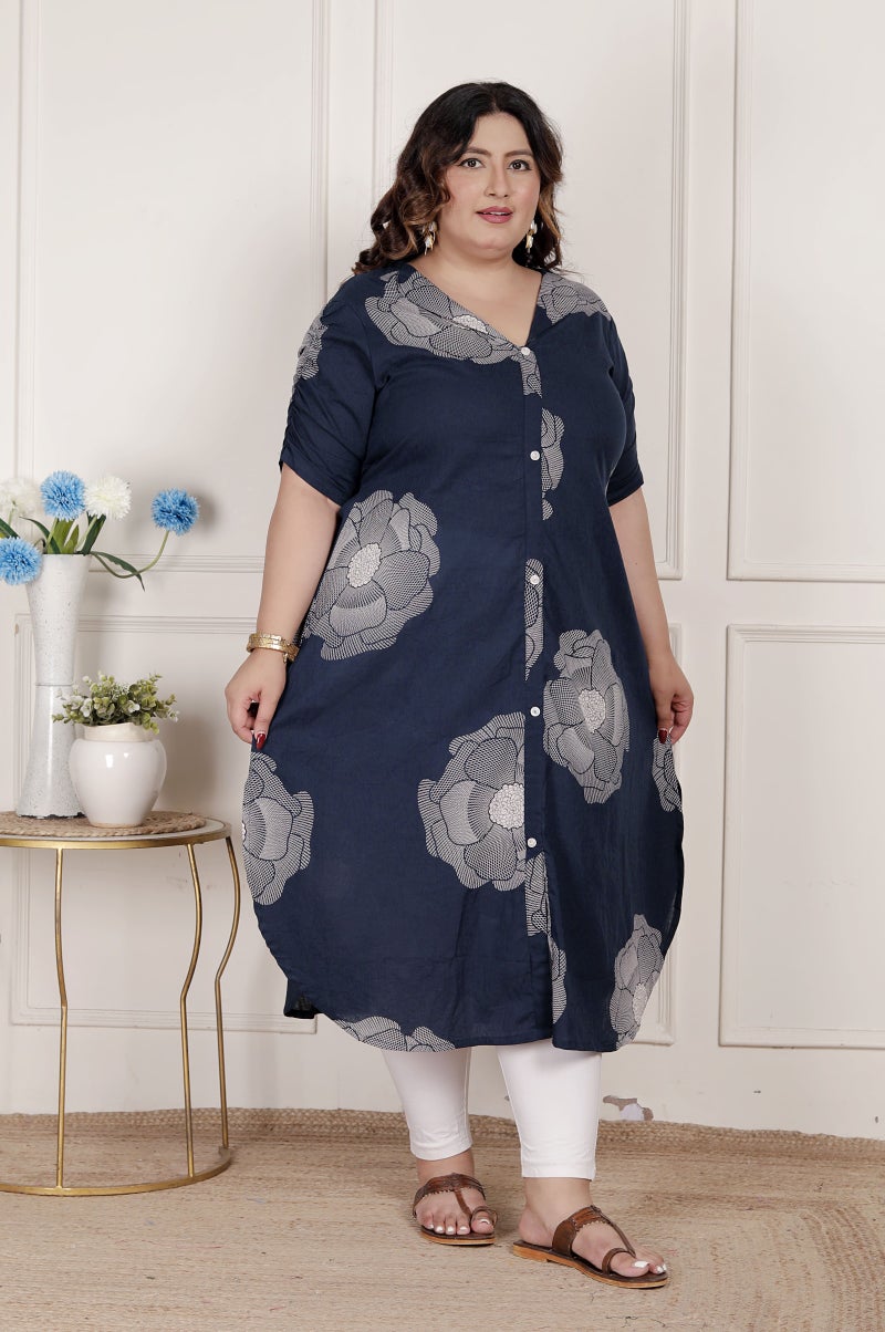 Miravan Womens Plus Size Blue Floral Printed Front Buttoned A-Line Kurta Dress - Image 3