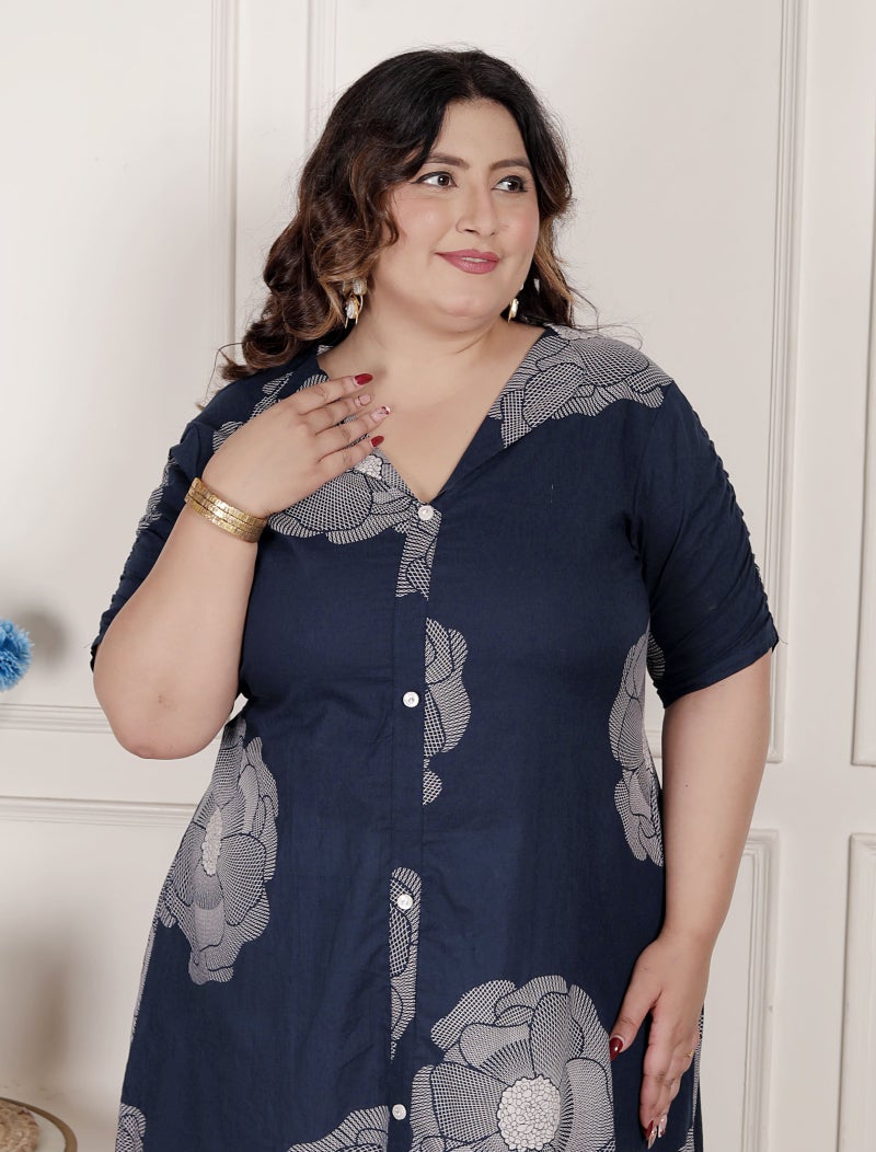 Miravan Womens Plus Size Blue Floral Printed Front Buttoned A-Line Kurta Dress - Image 5