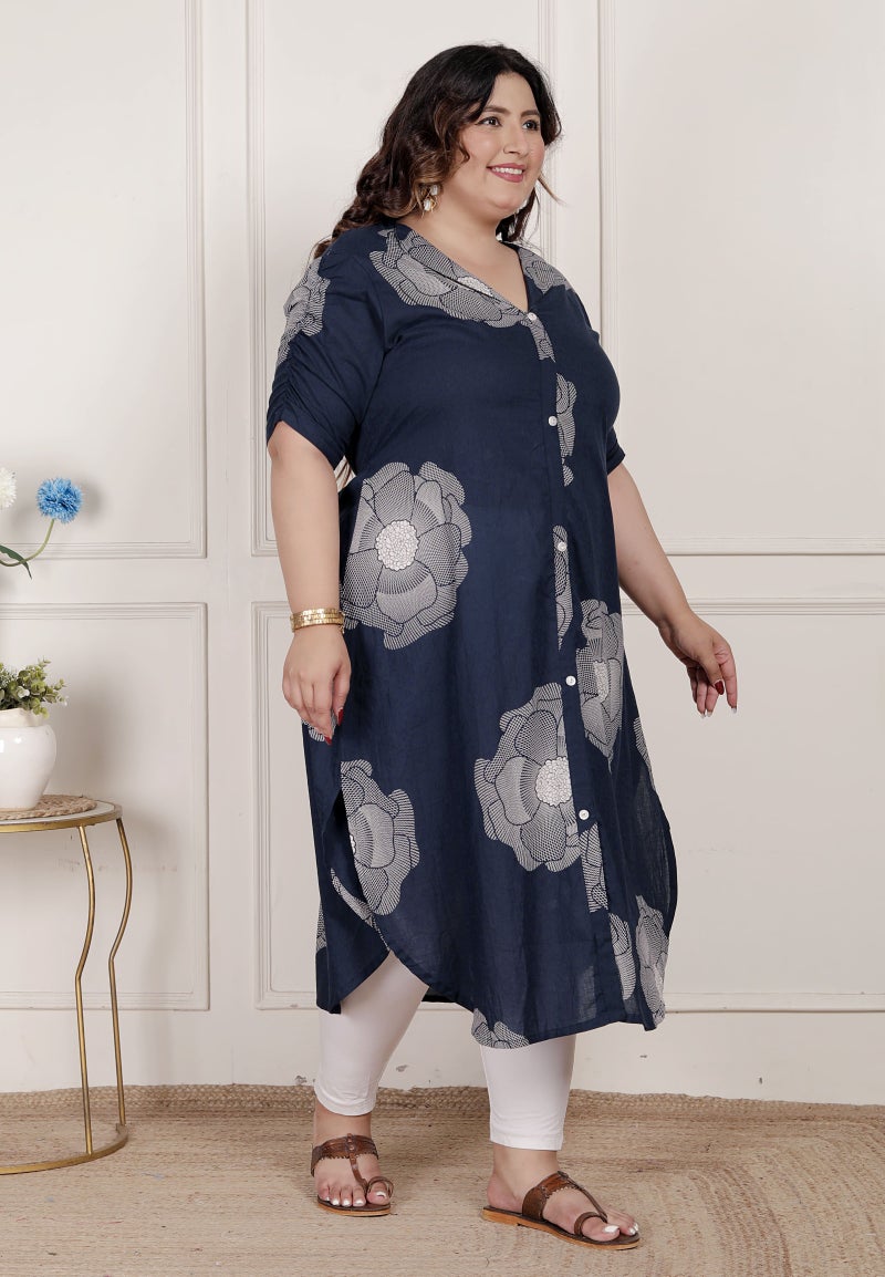 Miravan Womens Plus Size Blue Floral Printed Front Buttoned A-Line Kurta Dress - Image 2