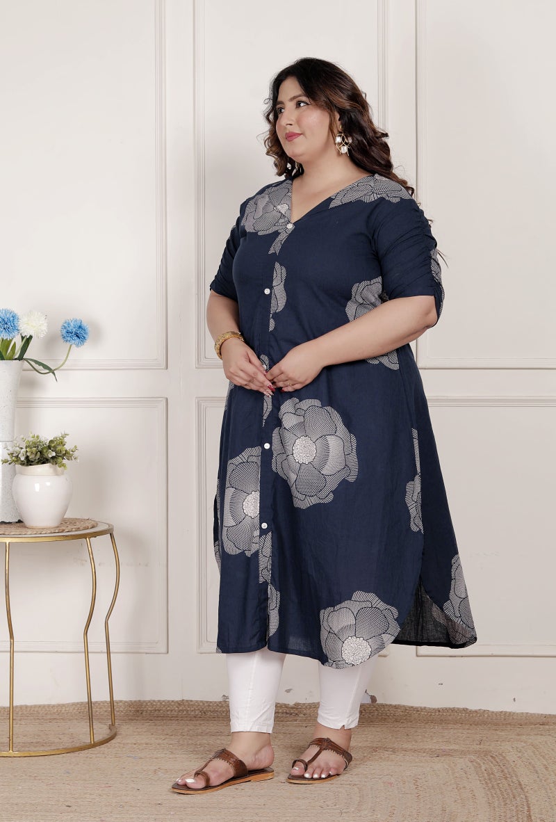 Miravan Womens Plus Size Blue Floral Printed Front Buttoned A-Line Kurta Dress - Image 4