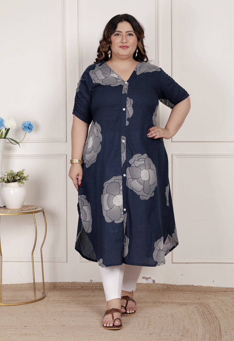 Miravan Womens Plus Size Blue Floral Printed Front Buttoned A-Line Kurta Dress - Image 1