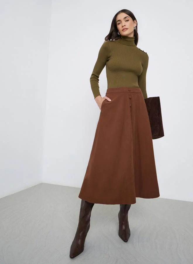 Styli Buttoned Down A-Line Midi Skirt with Pockets