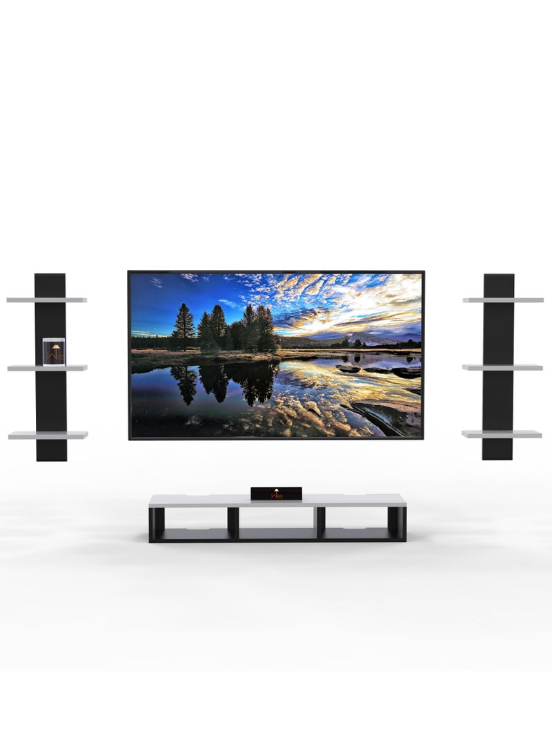 وودن تويست وحدة تلفزيون خشبية مثبتة على الحائط، خزانة، مع وحدة حامل تلفزيون ورف جداري لغرفة المعيشة (أسود وأبيض) - Image 3