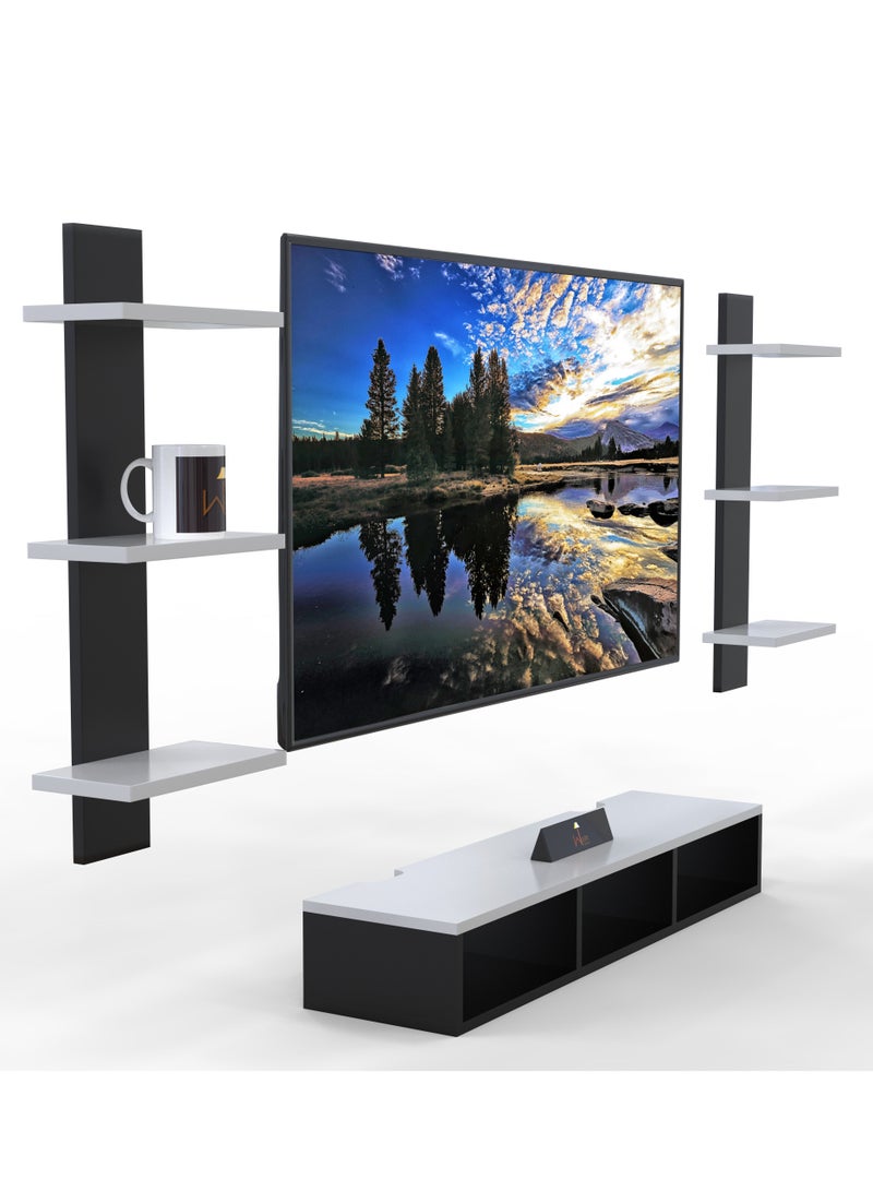 وودن تويست وحدة تلفزيون خشبية مثبتة على الحائط، خزانة، مع وحدة حامل تلفزيون ورف جداري لغرفة المعيشة (أسود وأبيض) - Image 4