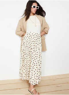 Ecru Lined Polka Dot Pleated Woven Skirt