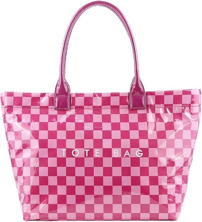 Lushandy Checkered Tote Bag Women's PVC Tote Bag with Zipper Plastic Letters Print Hobo Handbag Checkered Purse for Work - Image 1