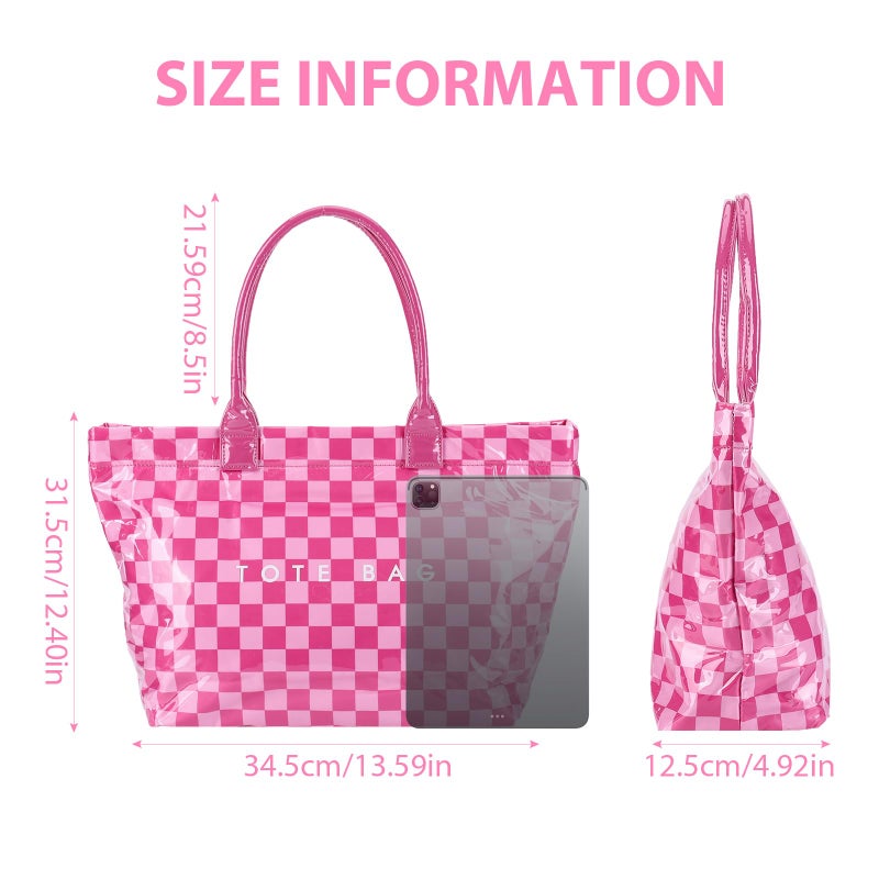 Lushandy Checkered Tote Bag Women's PVC Tote Bag with Zipper Plastic Letters Print Hobo Handbag Checkered Purse for Work - Image 5