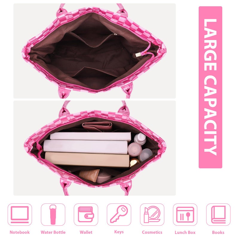 Lushandy Checkered Tote Bag Women's PVC Tote Bag with Zipper Plastic Letters Print Hobo Handbag Checkered Purse for Work - Image 4