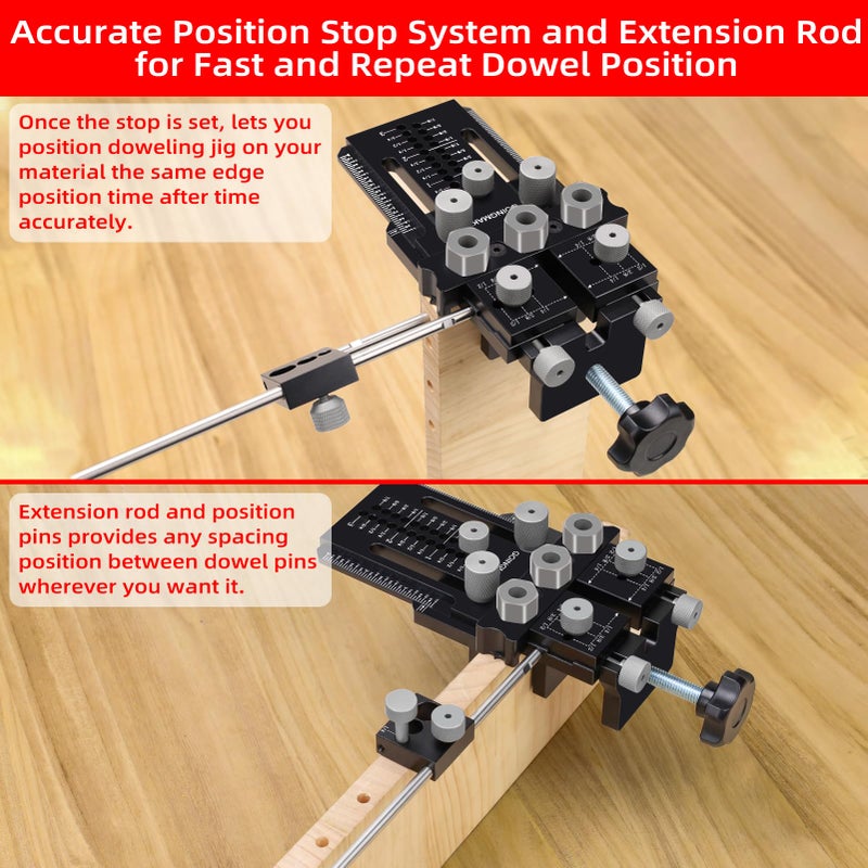 GOINGMAKE Dowel Jig Kit with Quick Positive Stop and Clamp, Adjustable Doweling Jig for Drill 1/4, 3/8 and 1/2 Inch Accurate Straight Dowel Holes, Fit Any Thickness Wood Joints, for Cabinet, Furniture - Image 4