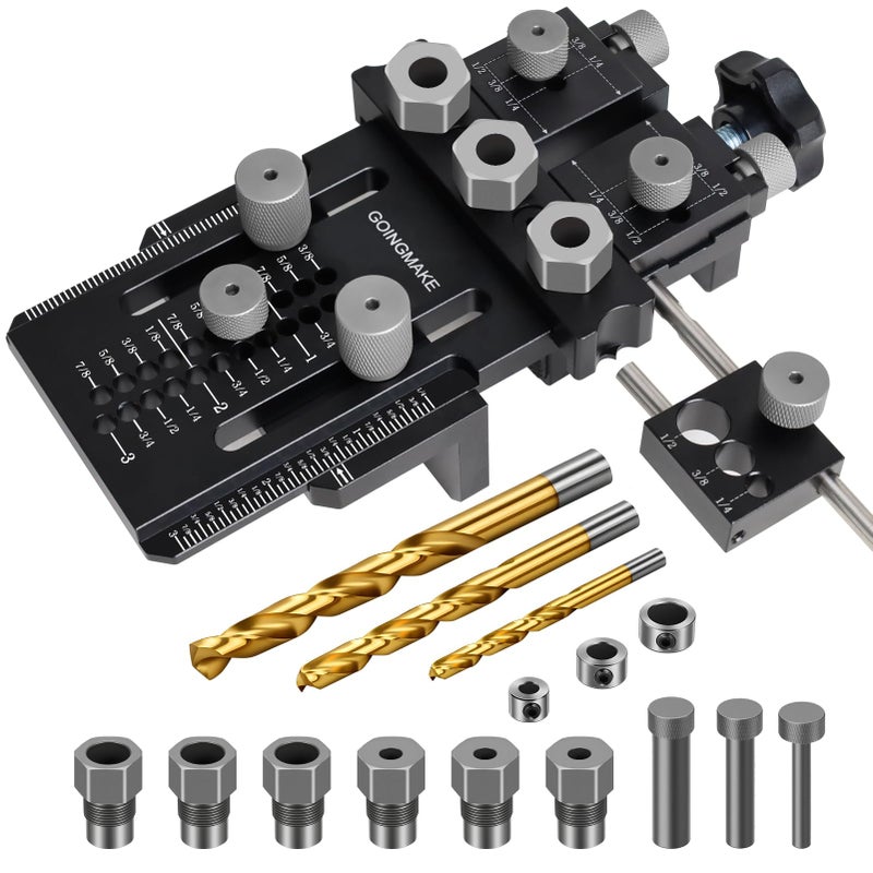 GOINGMAKE Dowel Jig Kit with Quick Positive Stop and Clamp, Adjustable Doweling Jig for Drill 1/4, 3/8 and 1/2 Inch Accurate Straight Dowel Holes, Fit Any Thickness Wood Joints, for Cabinet, Furniture - Image 1