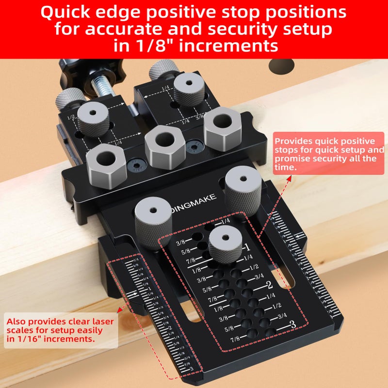 GOINGMAKE Dowel Jig Kit with Quick Positive Stop and Clamp, Adjustable Doweling Jig for Drill 1/4, 3/8 and 1/2 Inch Accurate Straight Dowel Holes, Fit Any Thickness Wood Joints, for Cabinet, Furniture - Image 3