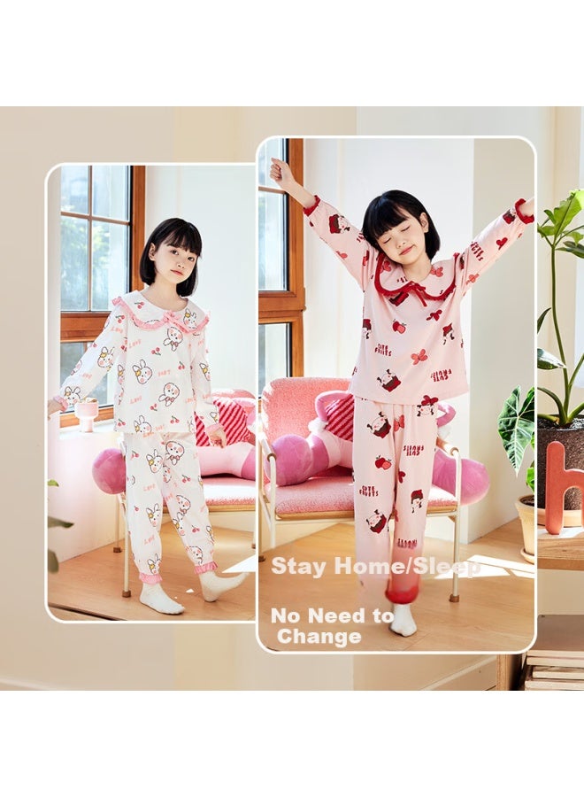 Top melon Dingguagua Children's Homewear Set Spring And Autumn 100% Cotton Class A Girls Long Sleeve Long Pants Pajama Two-piece Set Pure Cotton Pink Size 2 170 - Image 5