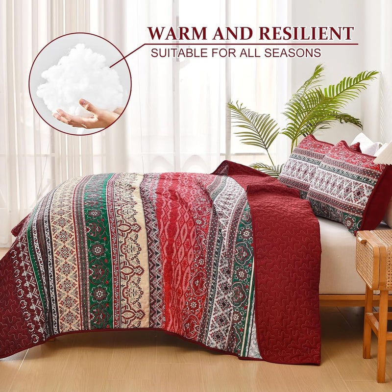 WONGS BEDDING مجموعة أغطية الأسرّة بأسلوب البوهو، حجم كوين، لون أحمر، مجموعة أغطية أسرّة بأسلوب البوهو، غطاء سرير خفيف من القطن الميكروفيبر قابل للتحويل، مناسب لجميع المواسم، مقاس 96" × 90" (3 قطعة) - Image 4