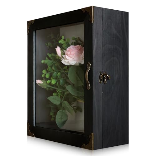 KAASTHAA Shadow Box Frame 11x13 Depth 5in Shadow Boxes Display Cases Acrylic Door Rustic Burnt Wood Vintage Metal Accents Hinged Door Metal Handle and Latch Linen Back