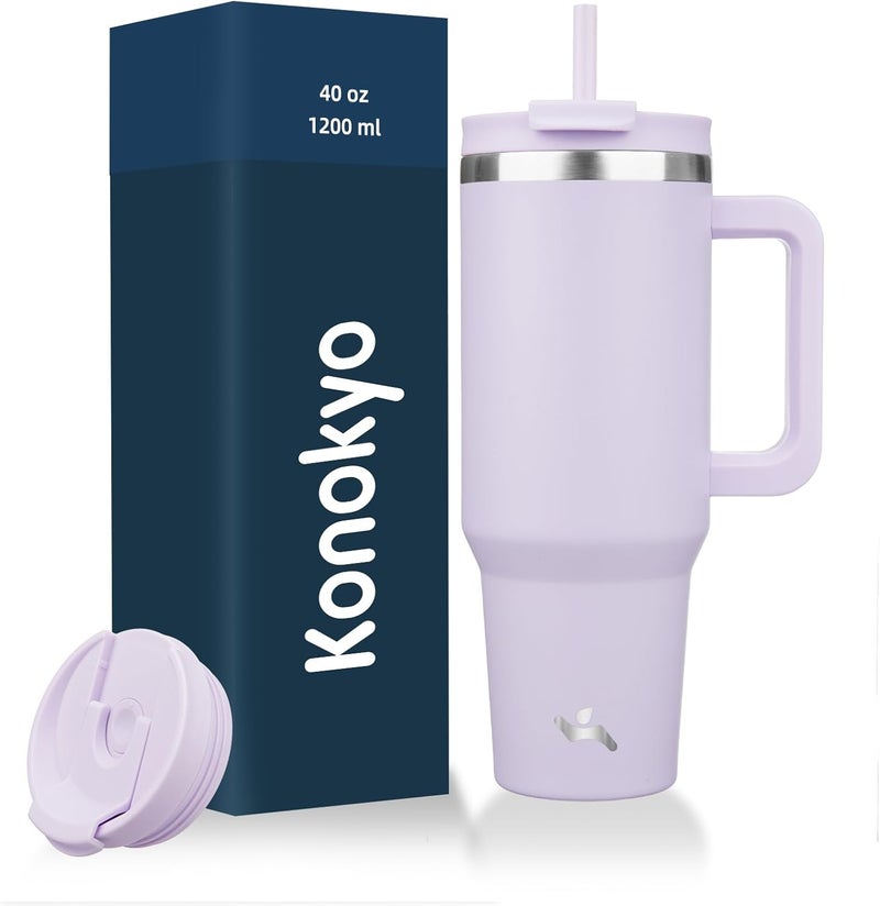 Konokyo كونوكيو 40 أونصة كوب مع مقبض وقصتين، غطاء 2 في 1 زجاجة ماء معزولة من الفولاذ المقاوم للصدأ قدح سفر للقهوة، ويستيريا - Image 1