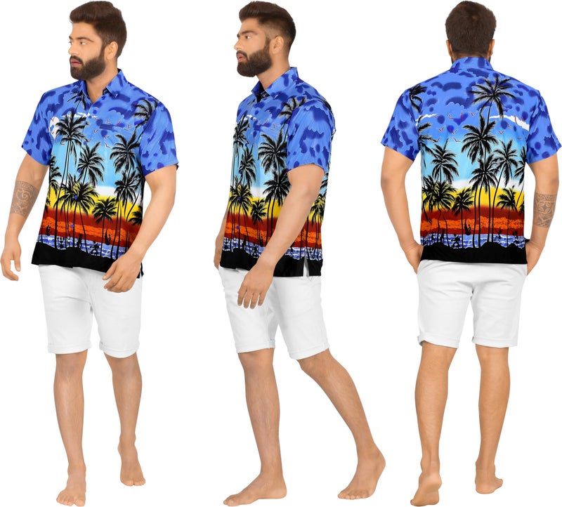LA LEELA Mens Hawaiian Shirts Short Sleeve Button Down Shirt Men's Shirts Casual Beach Holiday Hawaii Island Shirts for Men Funny L Palm Tree, Blue - Image 2