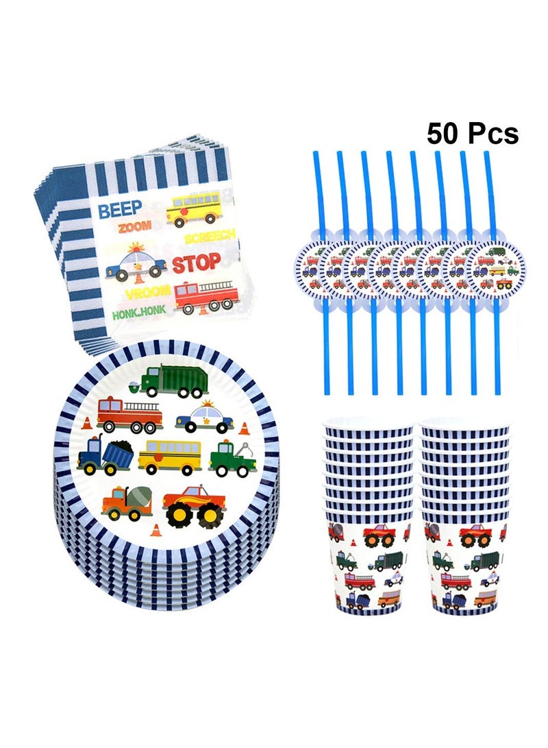 SOLARAE 50pcs in 1 Set Engineering Vehicle Theme Disposable Tableware,  Paper Cup Plates Dinnerware Set Car Printing Napkins Straw Set Baby Boy Birthday Party Supplies Party Supply - Image 3