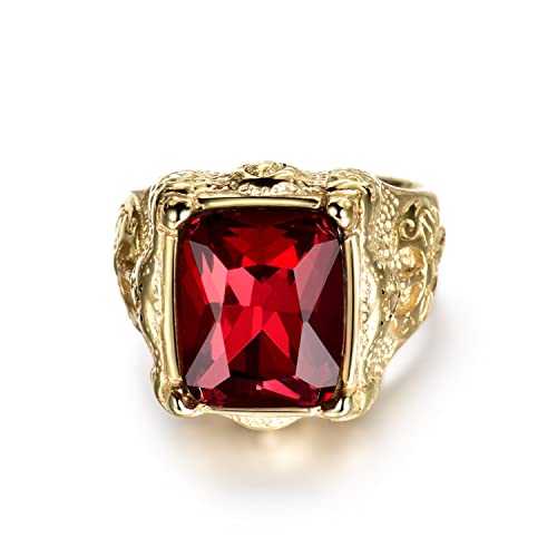 MASOP Gold Tone Mens Titunium Steel Rings with Big Rectangle Red Stone Fashion Party Jewelry Ring Size 10 - Image 2