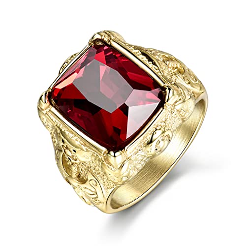 MASOP Gold Tone Mens Titunium Steel Rings with Big Rectangle Red Stone Fashion Party Jewelry Ring Size 10 - Image 1