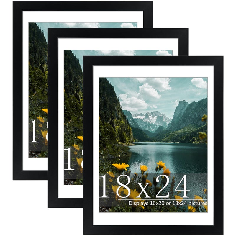 Picrit 18x24 Picture Frame 3 Pack Black Poster Frame Display Poster 16 x 20 with Mat or 18 x 24 without Mat for Horizontal or Vertical Wall Mounting