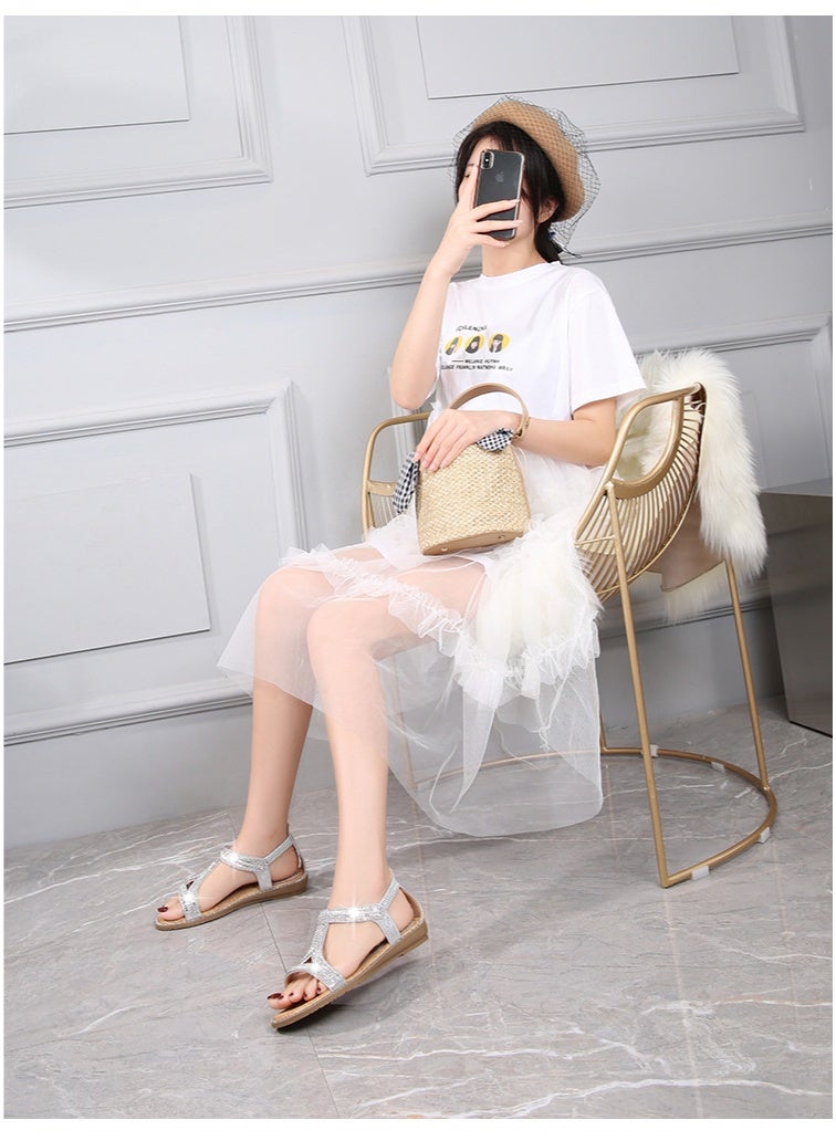 NIBEMINENT Summer Women Flat Gladiator Sandals Shoes Woman Bohemia Flip Flop Crystal Weave Casual Beach Sandals  - Image 3