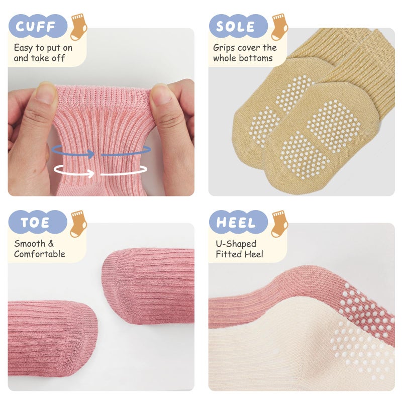 Bearbay Toddler Non Slip Cotton Crew Socks with Anti-slip Dots for Infant Baby Boys Girls 9 Pairs Plain Pink - Image 4