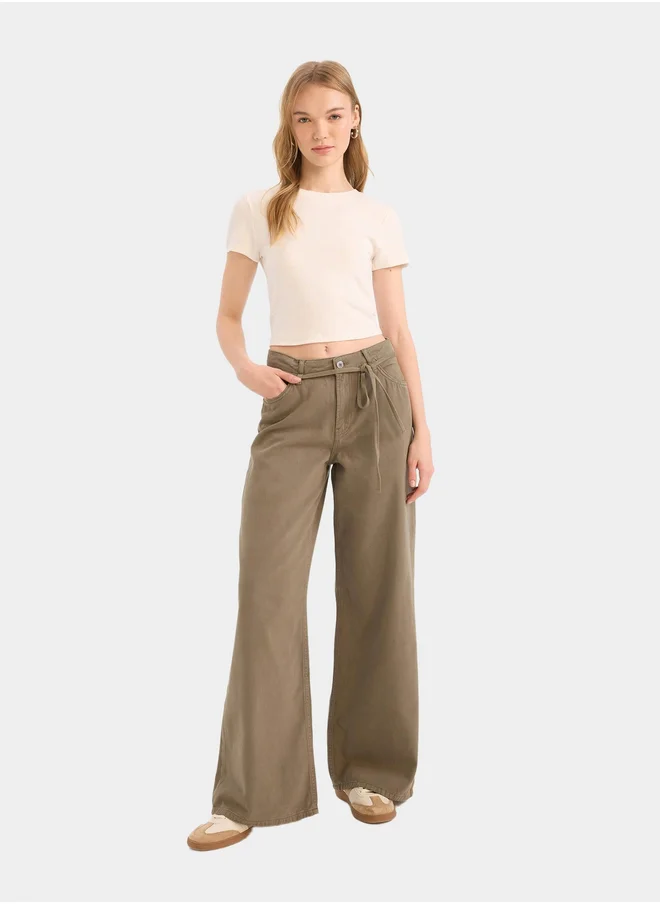 ديفاكتو DeFacto Khaki Wide Leg High Waist Gabardine Pant