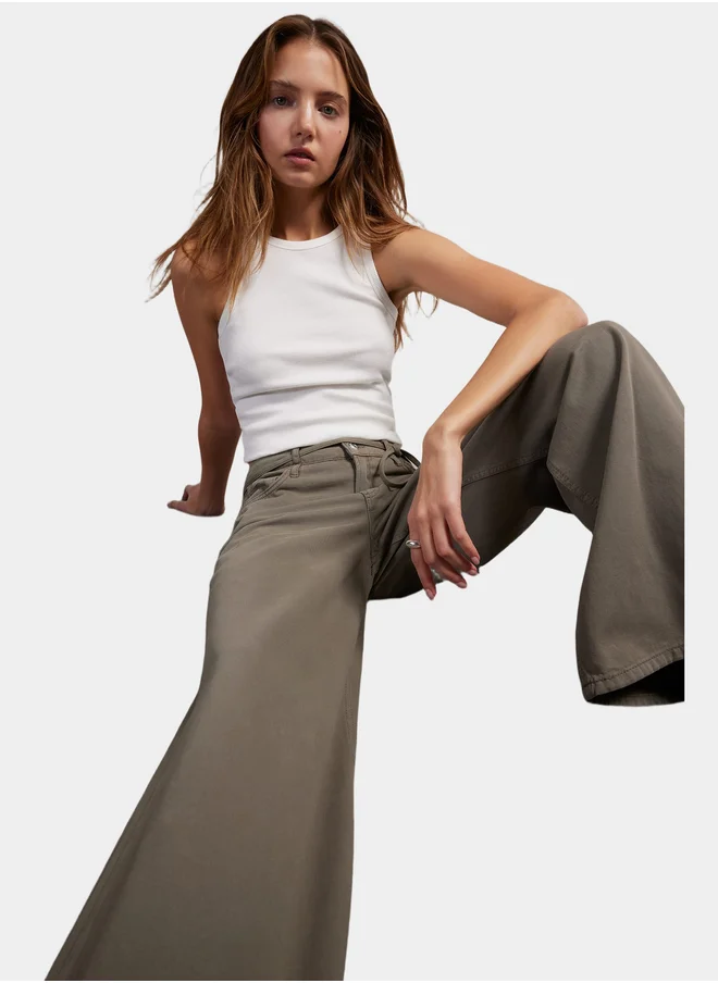 ديفاكتو DeFacto Khaki Wide Leg High Waist Gabardine Pant