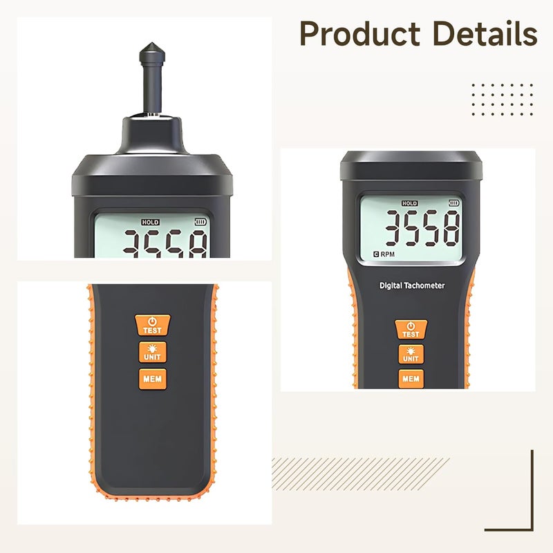 Contact RPM Meter with LCD Display Backlight, 4 Contacts Probes, Auto Ranging, 1.0~19999 RPM, Ip43 Splash Resistant - Image 3